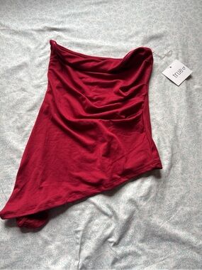 True & Co. Deep Berry Red Strapless Asymmetric Crop Top